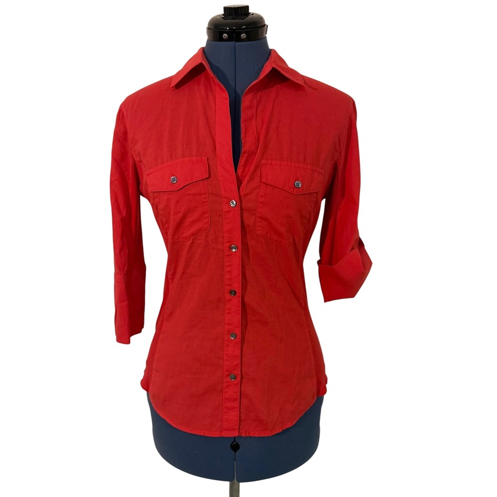 Standard James Perse Coral Red 3/4 Roll Tab Sleeve Button Up Utility Shirt Y2K 2